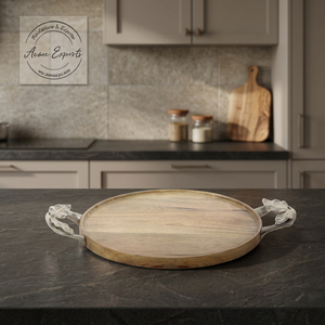 Round Shape Pure Wooden Serving Tray with Aluminum Designer Handle for Serving and Cutting Board Use - Product Image 1