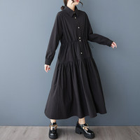 Nouvelle Robe Chemise Longue Plissée Noire Élégante pour Femme, Taille Cintrée, Manches Longues, Grand Évasement, Style Coréen Chic, Collection Printemps 2026 – Vente en Gros