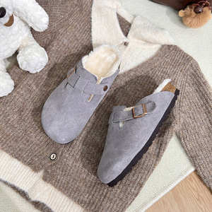 Invierno moda hebilla Birkenstocks suela gruesa <span class=keywords><strong>zuecos</strong></span> planos para mujeres zapatillas peludas - Product Image 1