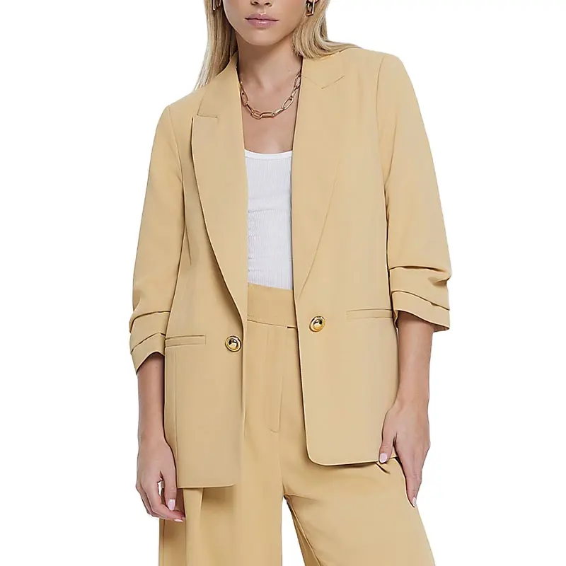 High Quality Women Long Ruched Sleeves Double Breasted Suit Jacket Spring Office Casual Work Blazer