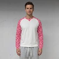 MT2307 Vente en gros de chemises thermiques à manches longues en tissu gaufré raglan, personnalisées avec un imprimé léopard rose et brodées, t-shirt décontracté à manches longues