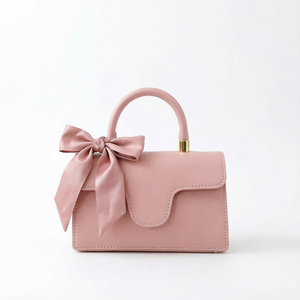 Bolso de Mano de Cuero Genuino Rosa con Decoración de Lazo, Cierre de Solapa Elegante, Forma Cuadrada, Bolso de Uso Diario para Mujer - Product Image 1