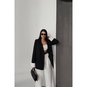 Chaqueta a Rayas de Un Solo Botón para Mujer con Puños Color Crudo, Blazers Negros - Product Image 5