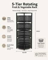 Étagère de rangement rotative à 5 niveaux pour fruits et légumes, organisateur de cuisine avec paniers pivotants, tour de rangement autoportante en métal