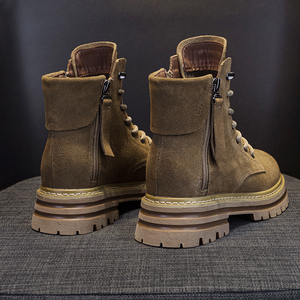 <span class=keywords><strong>Bottes</strong></span> montantes en daim et cuir véritable pour <span class=keywords><strong>femme</strong></span>, style <span class=keywords><strong>moto</strong></span> rétro, à lacets, talon compensé, rehaussant la silhouette, polyvalentes pour le travail - Product Image 4