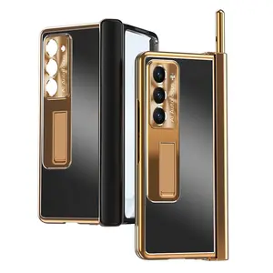 Lederen Dubbele Scharnier Verfrissende Opvouwbare Schaal Met S Pen Slot Aluminium Legering Mobiele Telefoon Case Voor Samsung Galaxy Z Fold 3 4 5