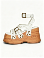 Sandales compensées rétro en bois style punk pour femme avec bride de cheville réglable en plastique et talon épais – Chaussures décontractées toutes saisons