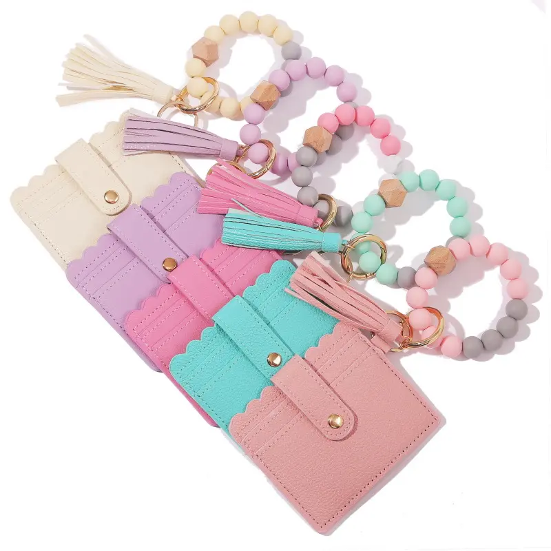 Portable Keys Ring card Holder Silicone beaded bracelet wallet wristlet cardholder Keychain