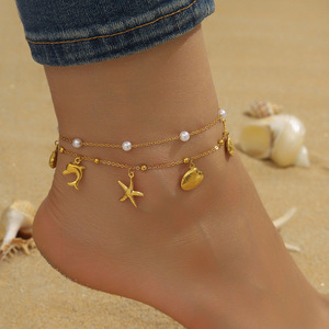 Summer Beach Ocean Double Chain Anklet Pearl Sea Creature Charm Jewelry Ladies Holiday Daily Stainless Steel Gold Anklet - Product Image 1