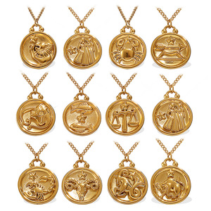 Signes <span class=keywords><strong>du</strong></span> Zodiaque Rétro Collier Rond en Acier Inoxydable Or 18K Emboss 12 Horoscope Pendentif Collier pour Femmes Hommes Bijoux - Product Image 1