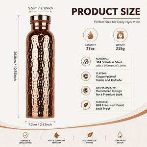 Bouteille d'eau ayurvédique en acier inoxydable 800 ml avec logo personnalisé, placage cuivre, impression sérigraphique, finition martelée et cadeau d'entreprise - Product Image 3