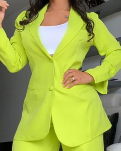 Setelan bisnis wanita, Blazer dua potong kerah V pola Solid kain rajut kantor panjang gaya wanita kancing pas badan reguler - Product Image 6