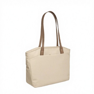 Minimalist Beige <b>Canvas</b> <b>Tote</b> Bag With Brown Leather Handles Open Top Daily Use Women's Shoulder Bag - Product Image 2