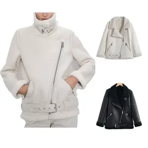 Mantel Jaket Kulit Imitasi Bulu Krem Wanita dengan Sabuk Kerah Lipat Jaket Pendek Musim Dingin Mantel Kebesaran Hangat Tebal Wanita