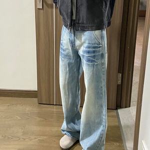 Pantalones Vaqueros de Pierna Recta Azul Deslavado 2025, Estilo Primavera-Otoño para Hombre, Estilo Americano de Calle, Corte Curvo, Ligeramente Acampanados - Product Image 1