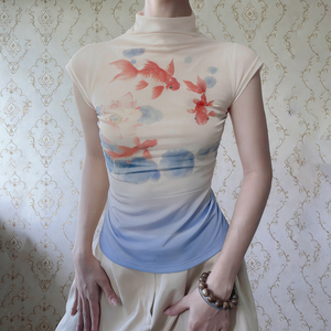 Ins Vintage Goldfish Print Colorblock Stand Collar Sheer Short Sleeve Top Elegant Sexy Waist Cinching Lightweight Pure Sexy Top - Product Image 3