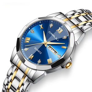 Montre classique pour homme en acier inoxydable bicolore, chiffres romains, index diamantés, calendrier lumineux, étanche, quartz, pour affaires - Product Image 1