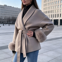 Модное женское шерстяное пальто с поясом и манжетами из искусственного меха, короткая зимняя верхняя одежда, для офиса и повседневной носки, поддержка OEM-заказов