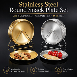 Stainless Steel Round Snack Plates <b>Set</b> 4pcs <b>Silver</b> Solid Color Hotel Coffee <b>Tea</b> Serving Dish - Product Image 5