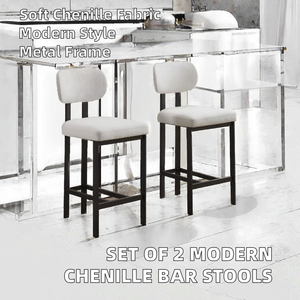 Modern Counter Height Bar Stools Set 2 Chenille Upholstered Backrest- Metal Legs Eco-Friendly Outdoor Hotel <b>Kitchen</b> Dining <b>Chair</b> - Product Image 2