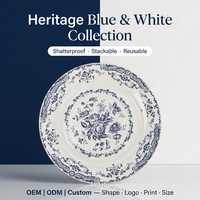 Assiettes en mélamine bleues à motifs floraux, écologiques, OEM ODM, 8,5 pouces, incassables, compatibles lave-vaisselle, pour pique-nique, camping, barbecue en plein air
