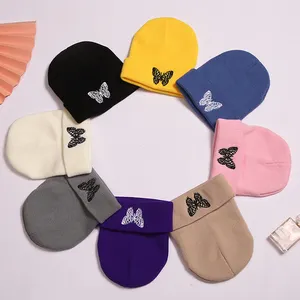 Best Warm Double Knit Acrylic Trendy Beanie Winter Custom Beanie Hat With Butterfly Embroidery Logo