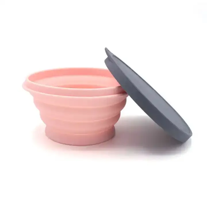 Mangkuk silikon lipat portabel antiselip Logo kustom pabrik mangkuk alat makan anak dapat dilipat perjalanan dengan tutup