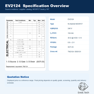 ทรานซิสเตอร์ <span class=keywords><strong>MOSFET</strong></span> แบบ <span class=keywords><strong>N</strong></span>-<span class=keywords><strong>Channel</strong></span> รุ่น EvolE 240V 134mA ชนิด SOT-23 ระดับลอจิก 0.8-2V ค่า RDS(on) ต่ำ 30 โอห์ม สำหรับการสลับสัญญาณและการเปลี่ยนระดับสัญญาณ รุ่น TN2124 - Product Image 4