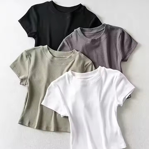 เสื้อครอปท็อปผู้หญิงสำหรับฤดูร้อน ทรงเข้ารูป ยืดหยุ่น คอทรงโอ แขนสั้น ผ้าถัก มีโลโก้ ระบายอากาศได้ดี และเซ็กซี่ - Product Image 1