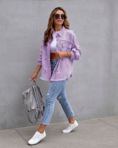 Chemisier en jean déchiré à manches longues pour femme, style décontracté avec revers, tendances actuelles - Product Image 3