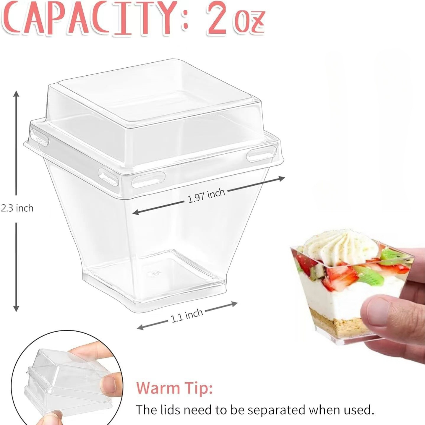 Petite tasse carrée de 60 ml transparente avec couvercle