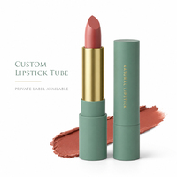 Rouge à lèvres naturel en marque privée, logo personnalisé, tube vert doré mat, végan, bio, longue tenue, hydratant, fournisseur de maquillage OEM