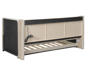 Modern Velvet Twin Size Adjustable Upholstered Daybed with Trundle <b>Storage</b> Shelves <b>USB</b> & Outlet (Beige) Bedroom Furniture - Product Image 3