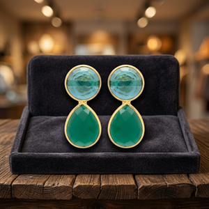 Pendientes de latón hechos a mano con piedras preciosas, cuarzo azul y ónix verde, estilo étnico, unisex, joyería bohemia de moda. - Product Image 2