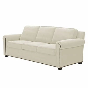 أريكة زاوية تشيسترفيلد من الكتان رائجة البيع، أريكة خشبية حديثة كبيرة بثلاثة مقاعد قابلة للتحويل إلى سرير مع زخارف معدنية وذراعين ملفوفين، يمكن تخصيص الحجم - Product Image 4