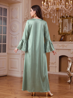 Abaya élégante à col rond pour l'automne et l'hiver, décorée de pompons, ornée de perles faites à la main, manches évasées, robe longue maxi pour femmes musulmanes, en polyester
