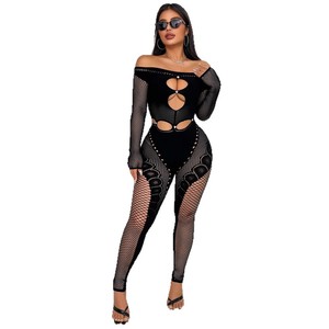 F00172QD <span class=keywords><strong>Tuta</strong></span> Sexy a Maniche Lunghe con Spalle Scoperte in Maglia a Rete, Estiva a Vita Alta, Vestibilità Slim, con Motivo 3D, <span class=keywords><strong>Tuta</strong></span> Intera da Donna per l'Ingrosso - Product Image 5