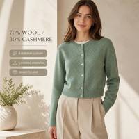 Cárdigan de Cachemira y Lana 70% para Mujer, Otoño Invierno, Suéter Tejido Grueso y Cálido, Cuello Acanalado, Botones de Perla, Abrigo de Lana
