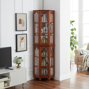 Corner <strong>Curio</strong> <strong>Cabinet</strong> with 4 Adjustable Tempered Glass Shelves and Lighting System, Solid Wood Legs - Product Image 3