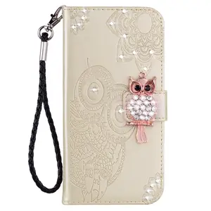 Owl Flower Imprinted wallet phone case with strap PU Leather phone Cover glitter case for iPhone 14 Plus Max