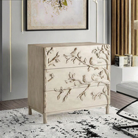 Commode en bois massif à 3 tiroirs, buffet rustique fait main avec relief floral, meuble de rangement antique pour salon
