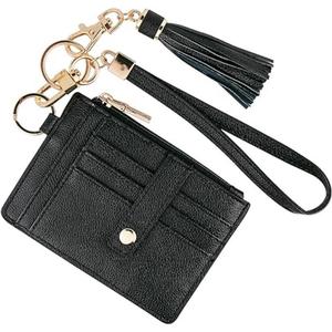 Porte-cartes femme en cuir végétalien tendance avec dragonne à pompon, porte-clés, mini portefeuille fin multi-fentes avec fenêtre d'identification et fermeture éclair, pour voyage - Product Image 6