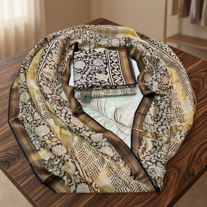 Traje clásico de seda Maheshwari con diseño textil estampado a mano, dupatta de seda y pantalón de algodón cambray, ropa étnica. - Product Image 3