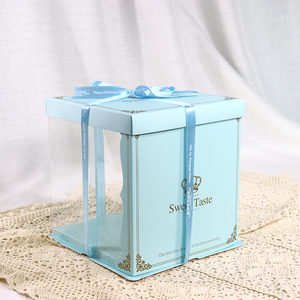 <span class=keywords><strong>6</strong></span> 8 10 12 Inch Cao Sang Trọng Màu Xanh Vuông Trong Suốt PVC Nhựa Bánh Sinh Nhật Pop Hộp Bao Bì Cho Bánh 10X10X6 Với Ribbon - Product Image 3