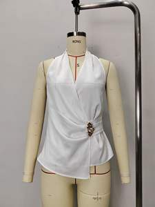 Women's Satin Halter Wrap <b>Top</b> - Sleeveless Ruched Blouse With Gold Decorative Buckle Shirt Fashion - Product Image 5