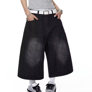 Shorts en <span class=keywords><strong>jean</strong></span> personnalisés pour femmes, shorts en <span class=keywords><strong>jean</strong></span> décontractés avec strass pour femmes, pantalons <span class=keywords><strong>mi</strong></span>-jeans amples - Product Image 4