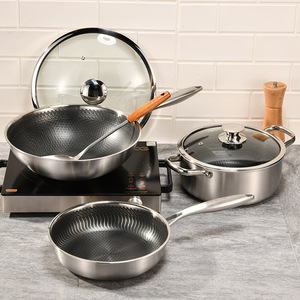 Conjunto de panelas <span class=keywords><strong>Wok</strong></span> com tampas, utensílios de cozinha <span class=keywords><strong>Wok</strong></span> de aço inoxidável antiaderente de 3 camadas em favo de mel de aço inoxidável, <span class=keywords><strong>5</strong></span> peças