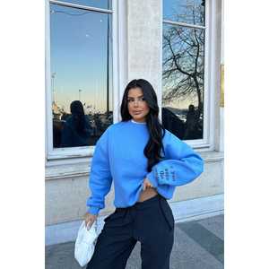 Sudadera Azul Oversize para Mujer con Detalle Bordado, Top Corto con Capucha y Cremallera, Estilo Hip Hop con Adorno de Agujeros Bonitos - Product Image 2