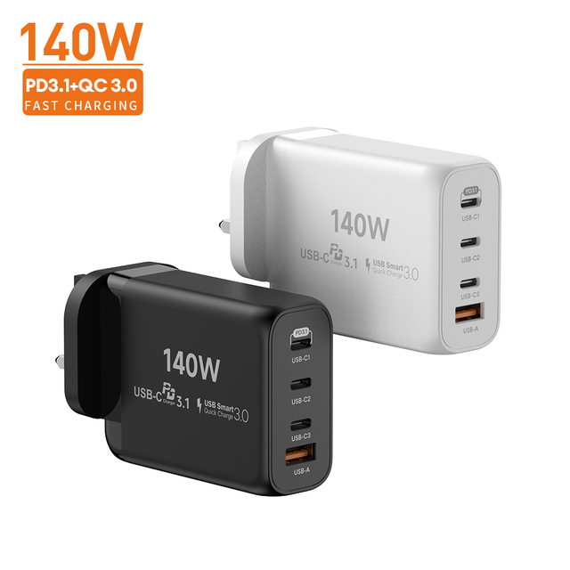 Durable 140W GaN Smart Fast Charger 3x USB-C + 1x USB-A Outputs Foldable UK Plug Multi-Function Integrated for Multiple Devices