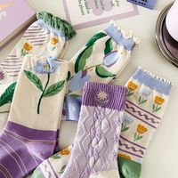 Nouvelle Arrivée 2026 Chaussettes mi-mollet pour femme à motif floral tulipe violette, en mélange de coton respirant, avec bordure en dentelle, personnalisables, taille unique, pour usage quotidien, à bordure élastique, séchage rapide
